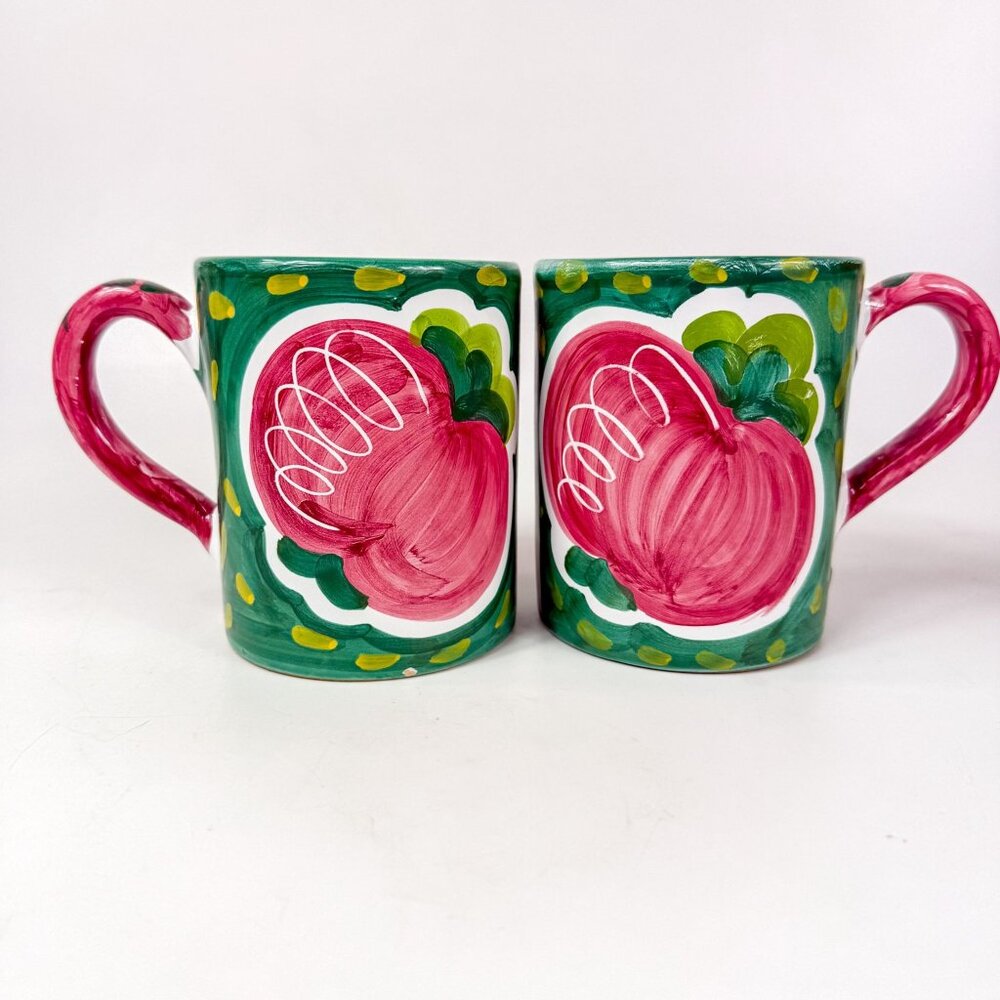 Ceramiche Sberna Deruta Italy Hand-Painted Fruit Mugs Cups Set Of 2 Pink Green